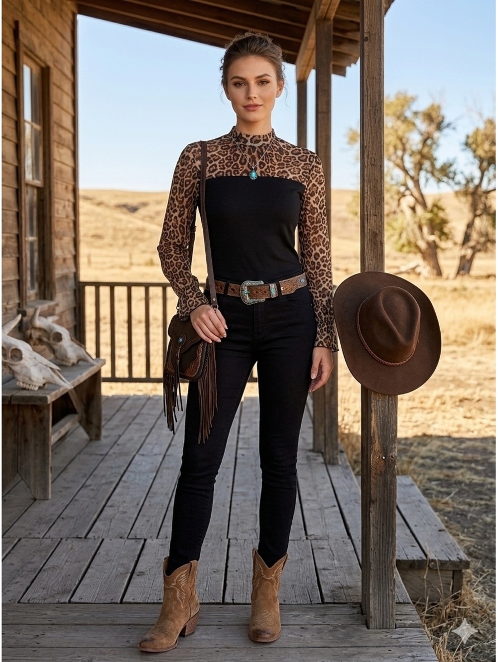 Sterling Kreek Kitty Leopard Top western bell sleeves pullover New